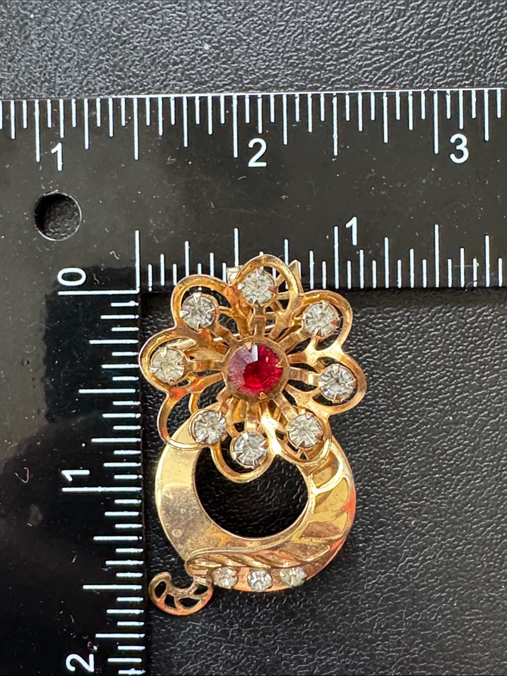VTG 1950s Gold Tone Red Rhinestone Flower Convertible Brooch Pendant - Picture 3 of 4